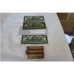 1937 CANADIAN BILLS AND 3 ROLLS OF PENNIES 1929, 1931, 1932