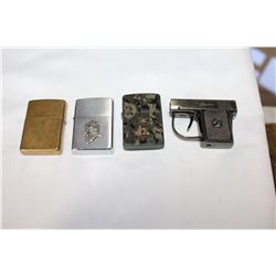 3 WORKING ZIPPO LIGHTERS AND LEDENDEX PISTOL BUTANE LIGHTER