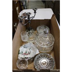 LOT OF CRYSTAL DISHES LIDDED BOWL AND CANDELABRA