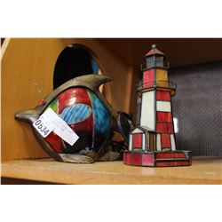 LEADED GLASS LIGHT HOUSE LAMP AND ART GLASS FISH LAMP