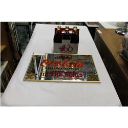 VINTAGE COKE MIRRORED ADVERT AND 6-PACK BOTTLES