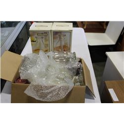 2 HURRICANE LAMPS AND BOX OF GLASS AND CRYSTAL