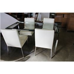 CHROME GLASSTOP DINING TABLE AND 4 WHITE LEATHER AND METAL DINING CHAIRS