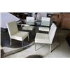 Image 3 : CHROME GLASSTOP DINING TABLE AND 4 WHITE LEATHER AND METAL DINING CHAIRS