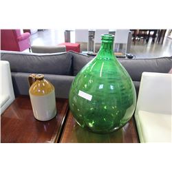 LARGE GREEN GLASS CARBOY AND POTTERY JUG