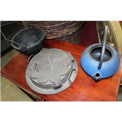 CAST IRON BUCKET, HUSQVARNA NO 1 WAFFLE IRON AND TEA POT