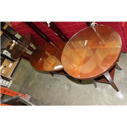 3 PIECE OVAL GLASS TOP CHERRY FINISH COCKTAIL COFFEE TABLE SET