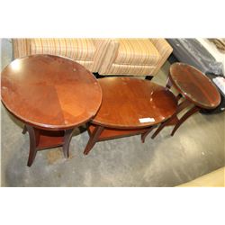 3 PIECE OVAL GLASS TOP CHERRY FINISH COCKTAIL COFFEE TABLE SET