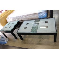 AS NEW MODERN BLACK AND GLASS TOP COFFEE AND ENDTABLE