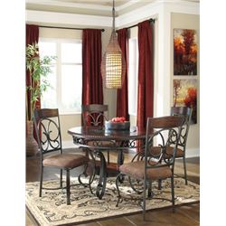 NEW ASHLEY SIGNATURE ROUND CARVED MAHOGANY DINING TABLE WITH 4 UPHOLSTERED CHAIRS, RETAIL $1036