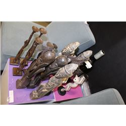 LOT OF NEW WOOD CARVINGS, STATUES AND LARGE WINE BOTTLE