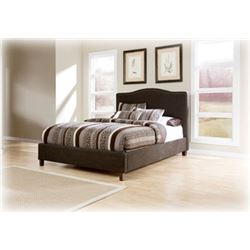 NEW ASHLEY CONTEMPORARY GREY FABRIC QUEENSIZE PLATFORM BEDFRAME WITH NAILHEAD ACCENT, RETAIL $ 1199