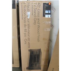NEW IN BOX 54" GLASS DOOR WITH METAL AND WOOD FINISH TV STAND