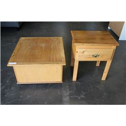 PINE ROLLING STORAGE BOX AND ONE DRAWER END TABLE