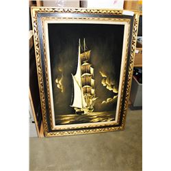 VINTAGE FRAMED VELVET PIRATE SHIP