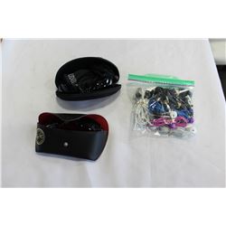 2 PAIRS OF SUNGLASSES AND EARBUDS
