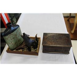 JEWELRY BOX WOLF FIGURE CASE AND STONES