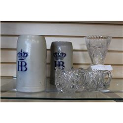 CRYSTAL CREAMER AND VASE AND 2 HB STEINS