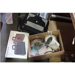 LOT OF SUIT CASES, AND BOX OF PLATES AND CHINA