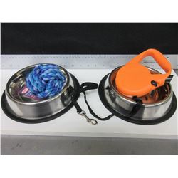 New Pet Bundle / 2 stainless bowls / 16ft retractable leash / braided rope ball
