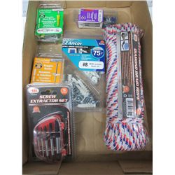 Flat of New Hardware / 100ft Rope / Drywall E-Z Anchors / screw extractors