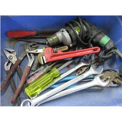 Tote full of Assorted Tools / wrenches/ Chanel Lock Pliers / pipe wrench ect