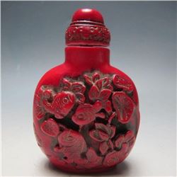 Vintage Hand-carved Chinese Cinnabar Goldfish Snuff Medicine Bottle