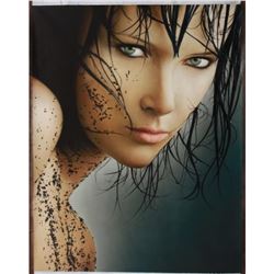 Signed Photo-realism Oil on Canvas, Brunette Model