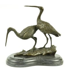 Original Signed two Wildlife Crane Cranes Pond Garden Bronze Sculpture Statue