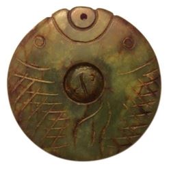 Antique Chinese Jadeite Fish Pendant Disk Carved Medallion Round 2 1/4"