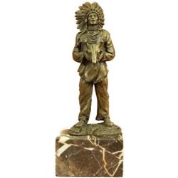 Indian with Feathered Headdress Holding an Ox Head Bronze Sculpture Statue Decor