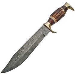 Damascus DM-1164 Stag Bone Handle Fixed Knife w/10.5" Damascus Bowie Blade