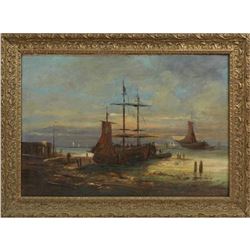 French School, "Fishing Boats In The Harbor," 19th C., Oil On Canvas