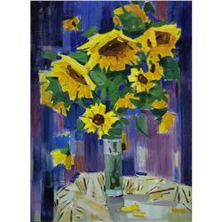 21st Century Ukranian, Still Life Oil On Canvas Painting, Sunflowers