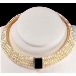 Freshwater Pearl / Onyx Sterling Silver Necklace 16" W/ Gift B