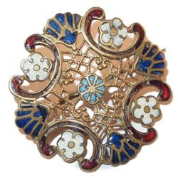 Antique Victorian Pierced Rose Gold Filled Floral Enamel Brooch Pin
