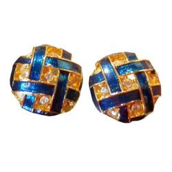 Royal Blue Enamel Rhinestone Vintage 1980's Round Padded Clip On Earrings