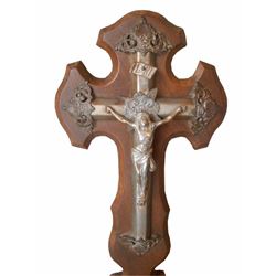 Antique French Hand Carved Walnut Cross Panel & Christ Crucifix
