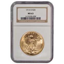 1913-D $20 St Gaudens Double Eagle Gold Coin NGC MS63