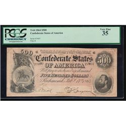 1864 $500 Confederate States of America Note PCGS 35