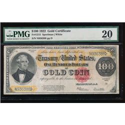 1922 $100 Gold Certificate PMG 20