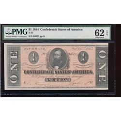 1864 $1 Confederate States of America Note PMG 62EPQ