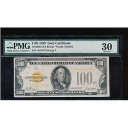 1928 $100 Gold Certificate PMG 30