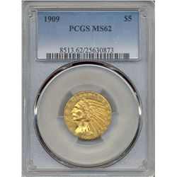 1909 $5 Indian Head Half Eagle Gold Coin PCGS MS62