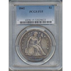 1842 $1 Seated Dollar Coin PCGS F15