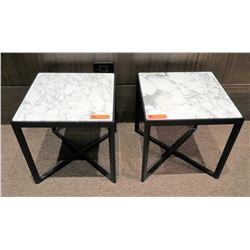 Pair of White Natural Stone Side Tables w/ Dark Wood Base 17.5" x 17.5"