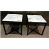 Image 2 : Pair of White Natural Stone Side Tables w/ Dark Wood Base 17.5" x 17.5"
