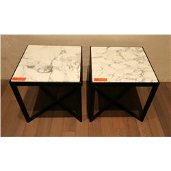 Pair of White Natural Stone Side Tables w/Dark Wood Base 17.5" x 17.5"