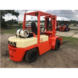 NISSAN 90 FORKLIFT, VIN/SN:BGF03A40V -9000LB CAPACITY, 3 STAGE MAST, 9' FORKS, LP, SOLID TIRES, DUAL