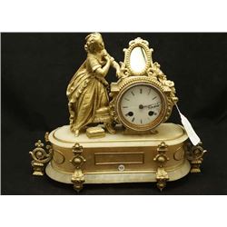 French spelter and alabaster antique desk clock with mirror